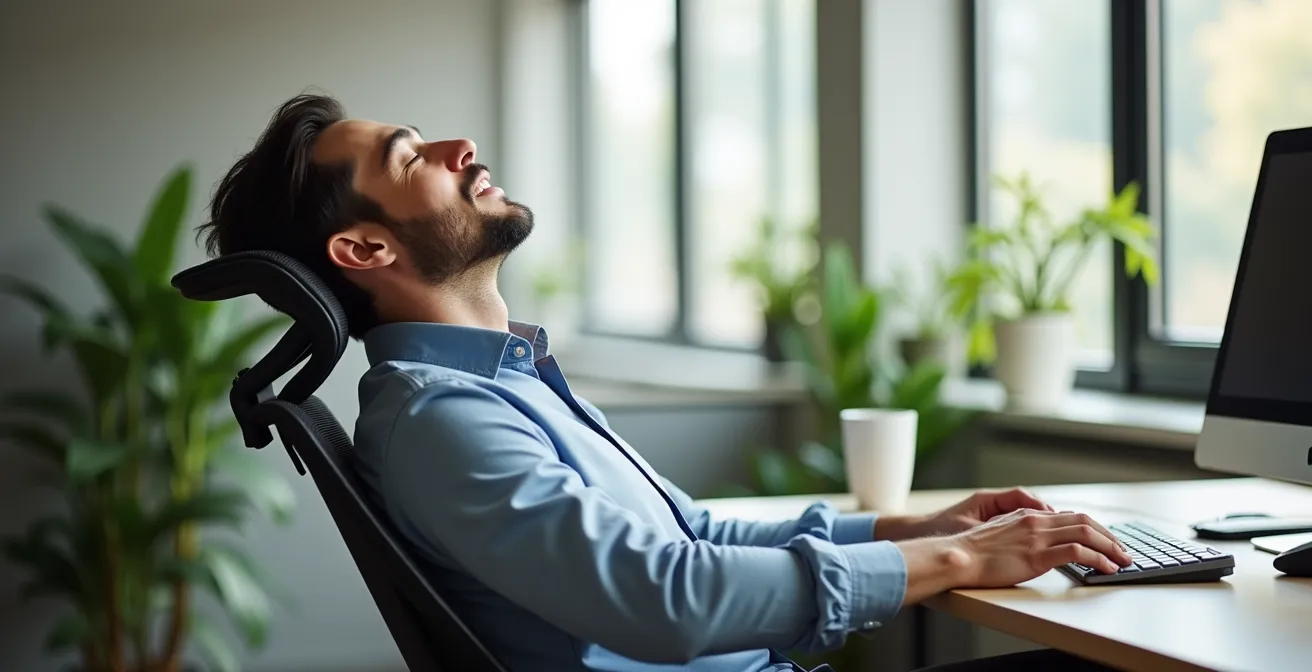 Personne en position de repos sur un fauteuil de bureau pendant une pause midi