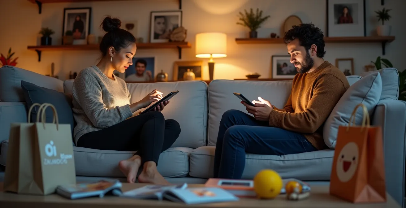 Mère et père sur un canapé avec des tablettes, les reflets inversés des écrans suggérant différents types d'achats en ligne.