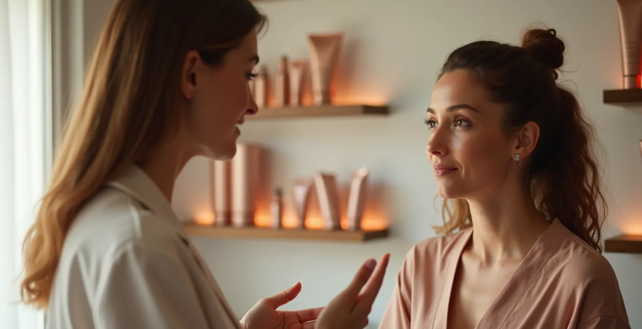 Vue rapprochée d'une consultation personnalisée entre esthéticienne et cliente dans un institut belge, ambiance chaleureuse et professionnelle.