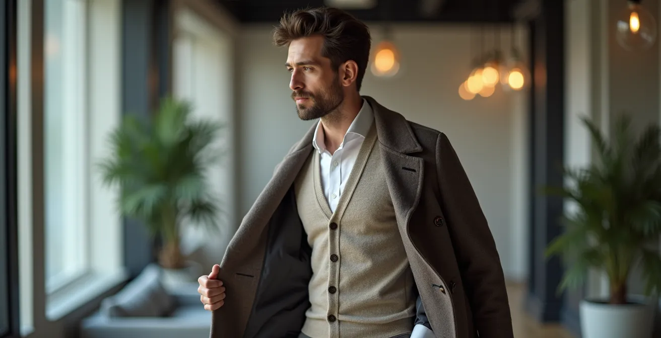 Une professionnelle dans un bureau moderne, retirant son manteau pour révéler une superposition élégante de vêtements.