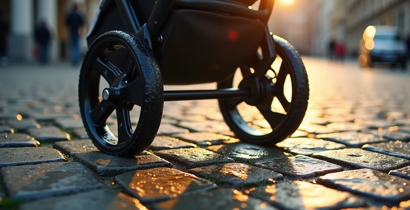 Poussette moderne naviguant sur les pavés caractéristiques du centre de Bruxelles