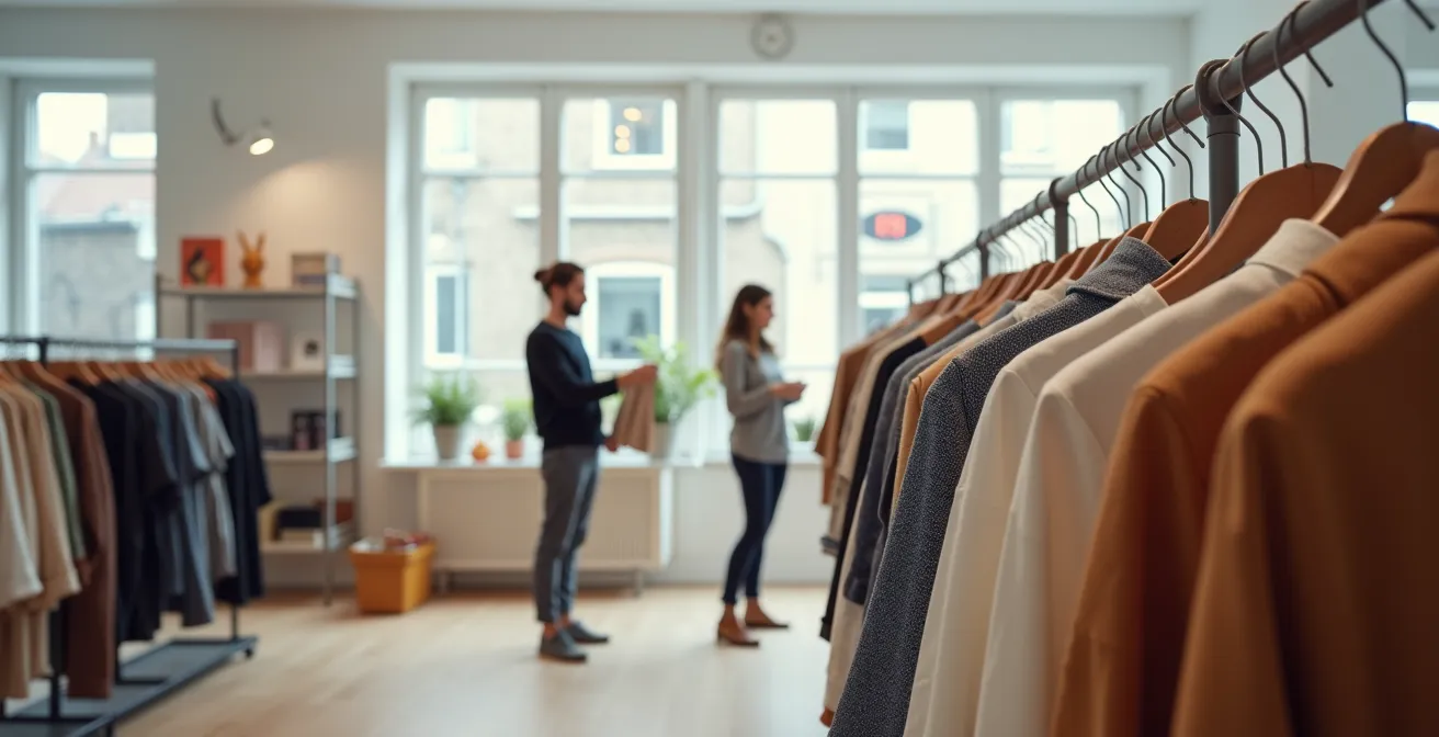 Vue intérieure d'un pop-up store de mode à Anvers avec une créatrice arrangeant ses créations sur des portants