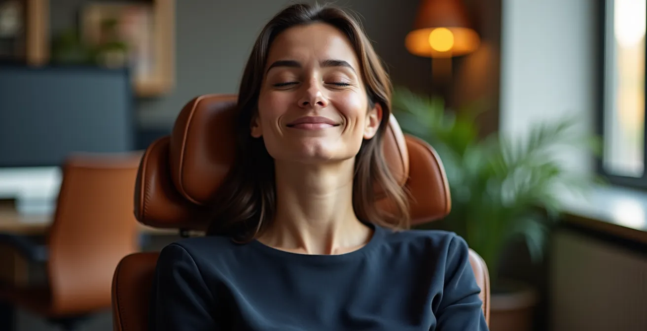 Professionnel en tenue d'affaires élégante pratiquant la visualisation dans un espace de travail lumineux