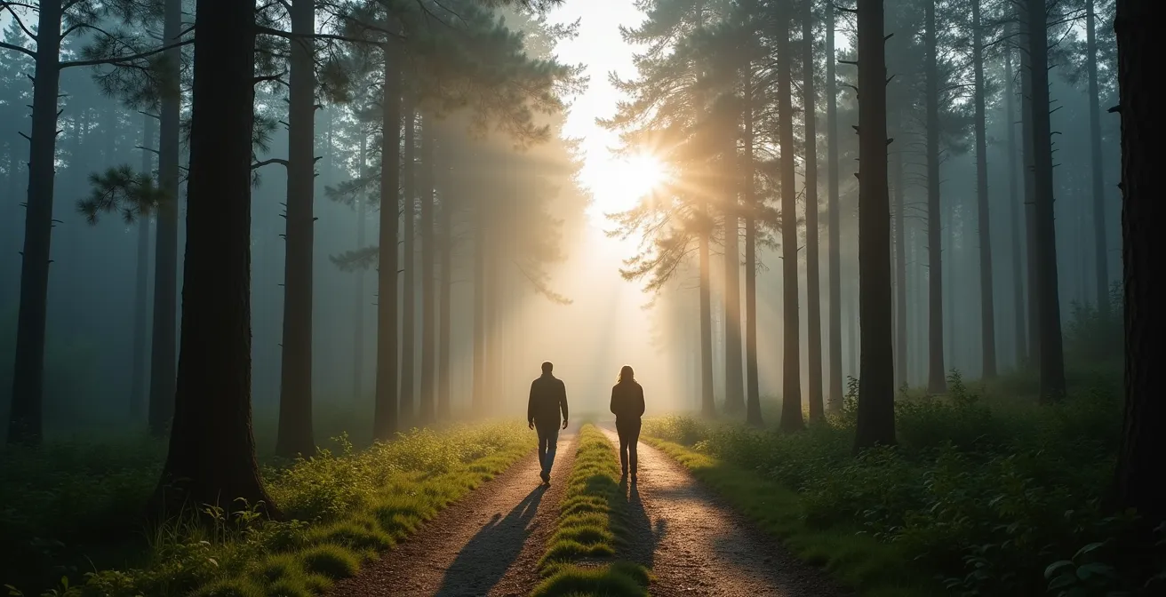 Couple en randonnée matinale dans les Ardennes belges pour un week-end de récupération